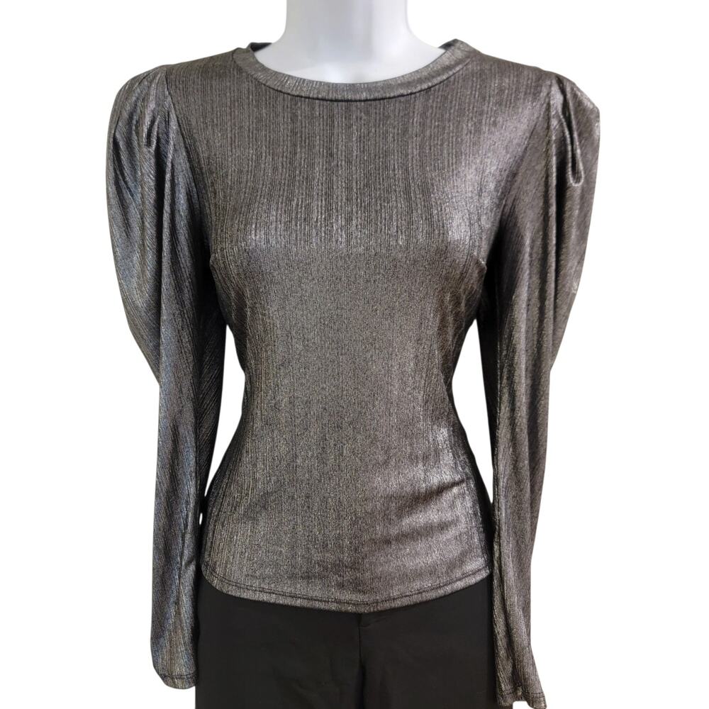 Haute Monde Silver Metallic Puff Sleeve Long Sleeve Top Women’s Small